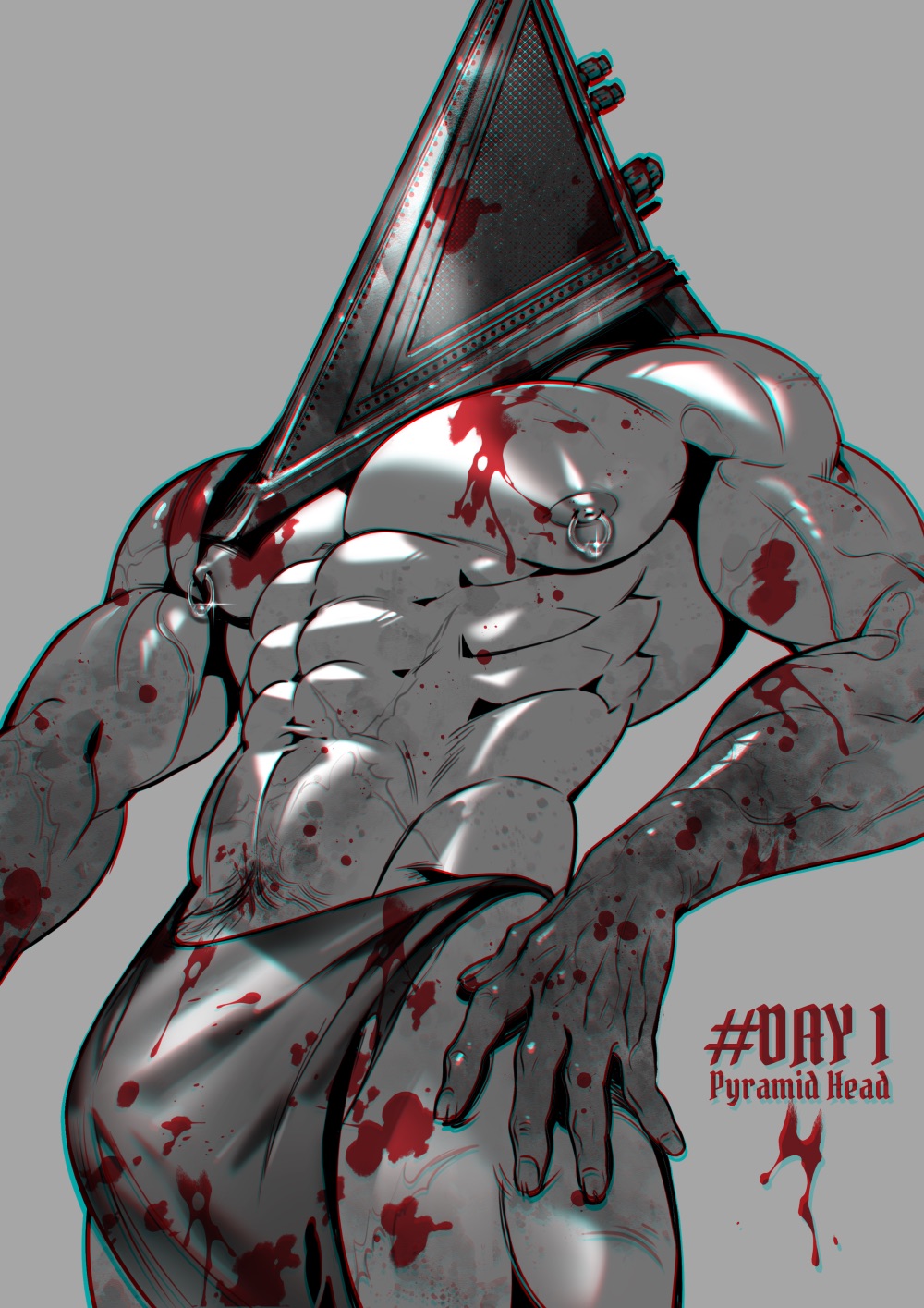 abs, apron, bara, big pecs, blood, bulge, helmet, loincloth, male, male only, male pubic hair, mius, monochrome, muscles, muscular, muscular male, nipple piercing, nipple rings, nipples, pecs, piercing, pubic hair, pubic hair peek, pyramid head, restricted palette, scars, silent hill, silent hill (film), silent hill homecoming, solo, spot color, topless, topless male, veiny muscles, yaoi