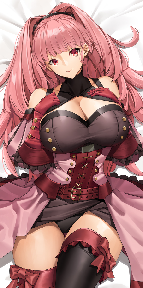 1girls areolae bangs bare_shoulders bare_thighs bed_sheet belt big_breasts black_panties blush boots bow breasts cleavage closed_mouth collarbone cuddly_octopus dakimakura dakimakura_(medium) dakimakura_design detached_sleeves female female_only fire_emblem fire_emblem:_three_houses gloves hand_on_own_chest hands_on_breasts high_heels highres hilda_valentine_goneril huge_breasts intelligent_systems long_hair looking_at_viewer nintendo on_back on_bed panties pink_hair ponytail raised_eyebrows red_bow red_eyes shoulders skirt_lift smile solo thick_thighs thigh_boots thighhigh_bow thighs tony_guisado underwear upskirt very_long_hair