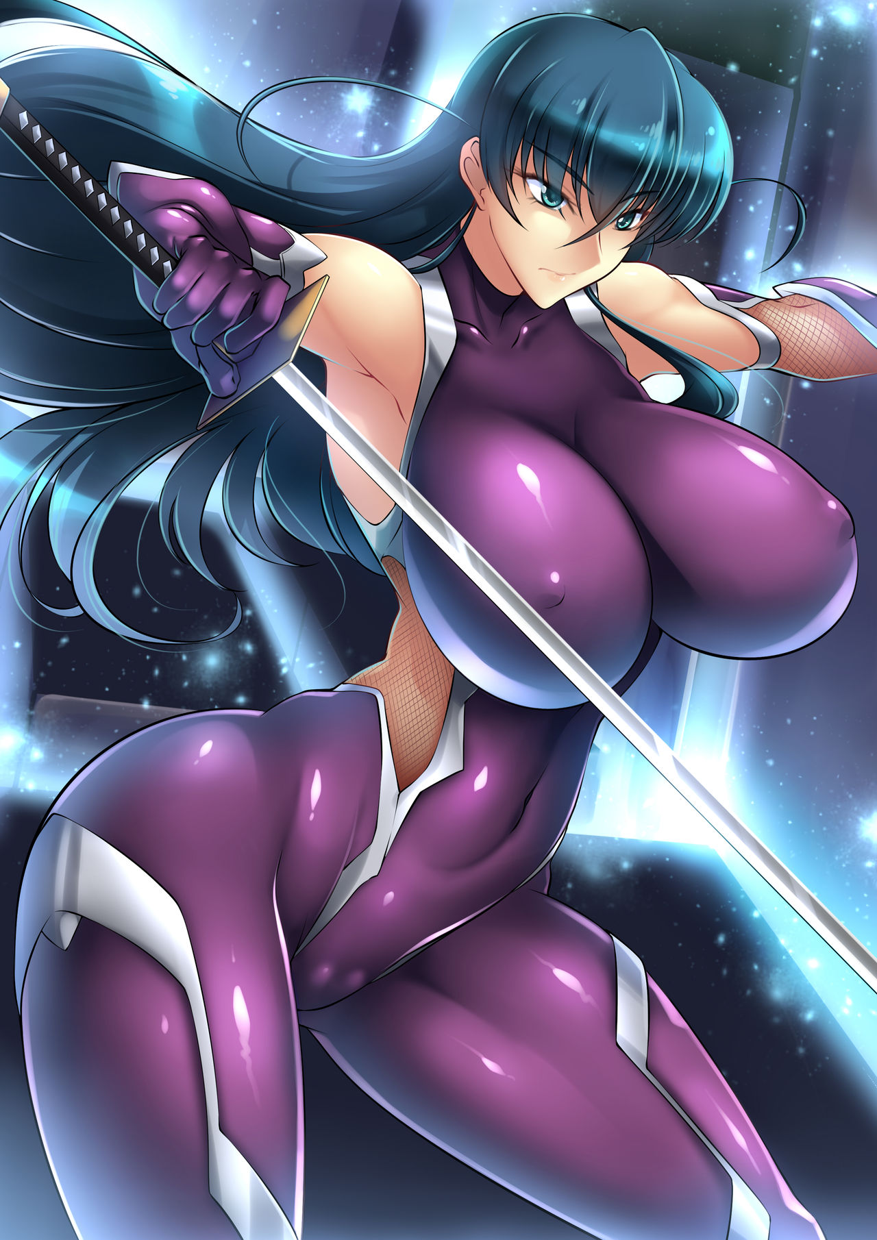 1girls, blue hair, breasts, female, haganef, huge breasts, igawa asagi, long hair, nipples, pussy, solo, sword, taimanin (series), taimanin asagi, weapon