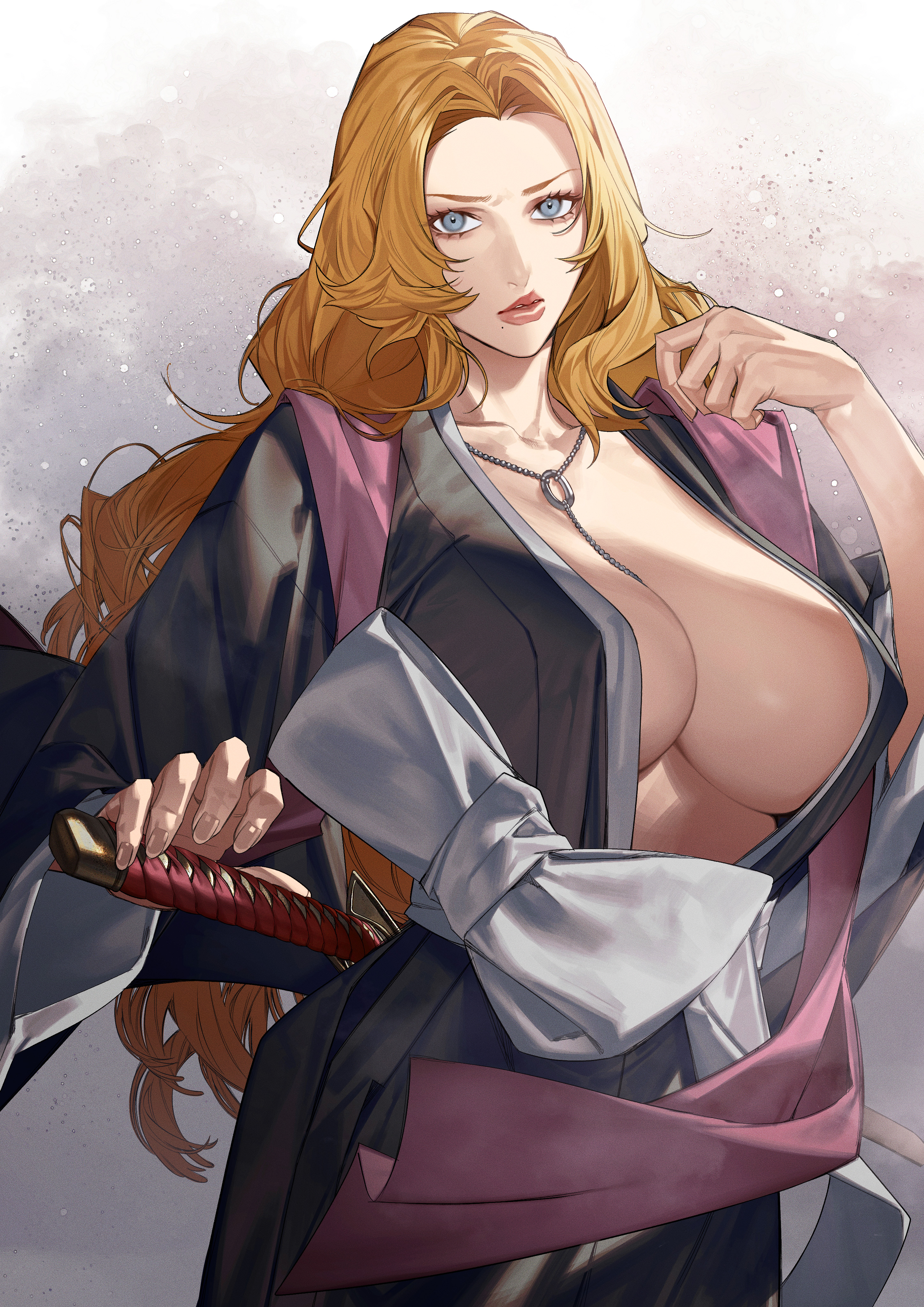 1girls, asian clothing, bare chest, big breasts, bleach, blonde hair, blue eyes, breasts, busty, cleavage, female, highres, huge breasts, japanese clothes, jewelry, large breasts, long hair, looking at viewer, matsumoto rangiku, mole, mole under mouth, necklace, no bra, sokuse kienta, solo, sword, top heavy, top heavy breasts, voluptuous, weapon, wide sleeves