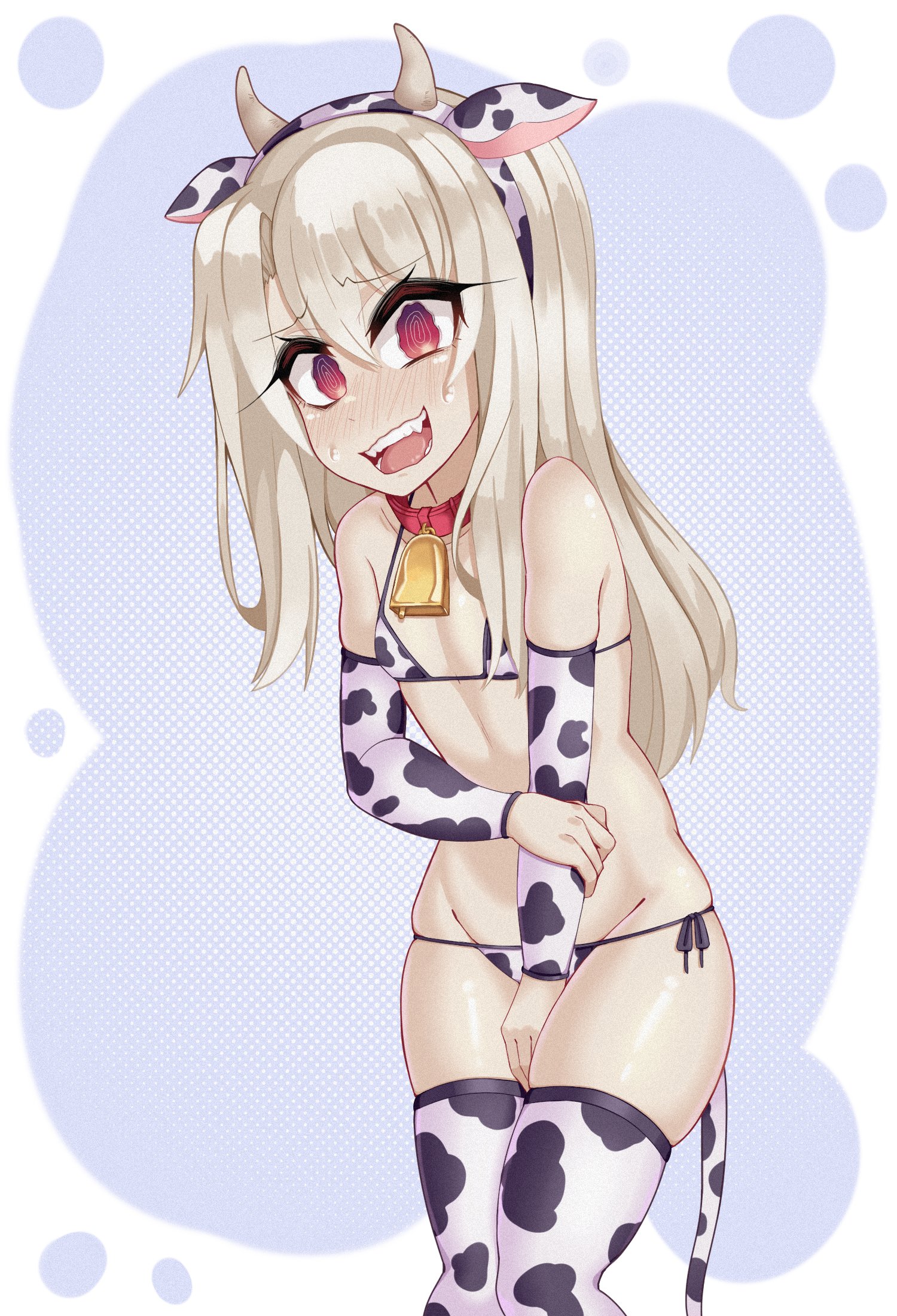 1girls, armwear, blonde hair, blush, breasts, cow bikini, cow ears, cow horns, cow print, cowbell, embarrassed, eyebrows visible through hair, fate (series), fate/kaleid liner prisma illya, female, female only, illyasviel von einzbern, legwear, light skin, light-skinned female, red eyes, small breasts, young savage