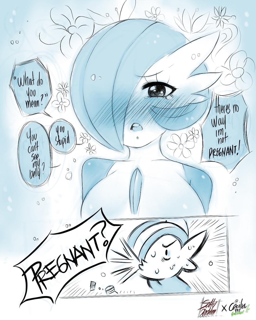 2019, 4:5, blush, breasts, brother and sister, dialogue, duo, english text, female, female pokemon, gallade, gardevoir, genitals, hair, hair over eye, hi res, incest, incest pregnancy, male, medium breasts, nintendo, nipples, one eye obstructed, pokémon (species), pokemon, pokemon (species), pregnant, pregnant female, saltyxodium, speech bubble
