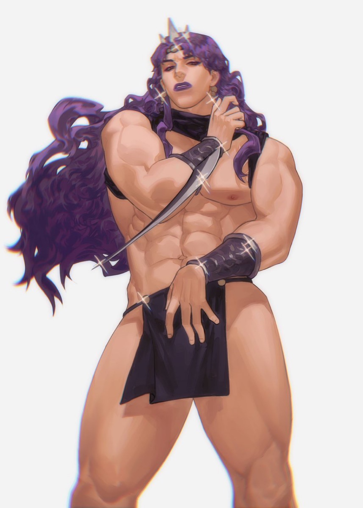 1boy, abs, ambush (trap), arm band, arm bands, bara, battle tendency, bedroom eyes, blade, blades, highres, horns, jojo's bizarre adventure, kars, lipstick, lkikai, long hair, looking at viewer, looking down, makeup, male, male focus, male nipples, male only, muscles, muscular, muscular ass, muscular chest, muscular male, muscular thighs, nipples, partially clothed, pecs, pectorals, purple hair, red eyes, simple background, solo, solo focus, solo male, wavy hair, yaoi
