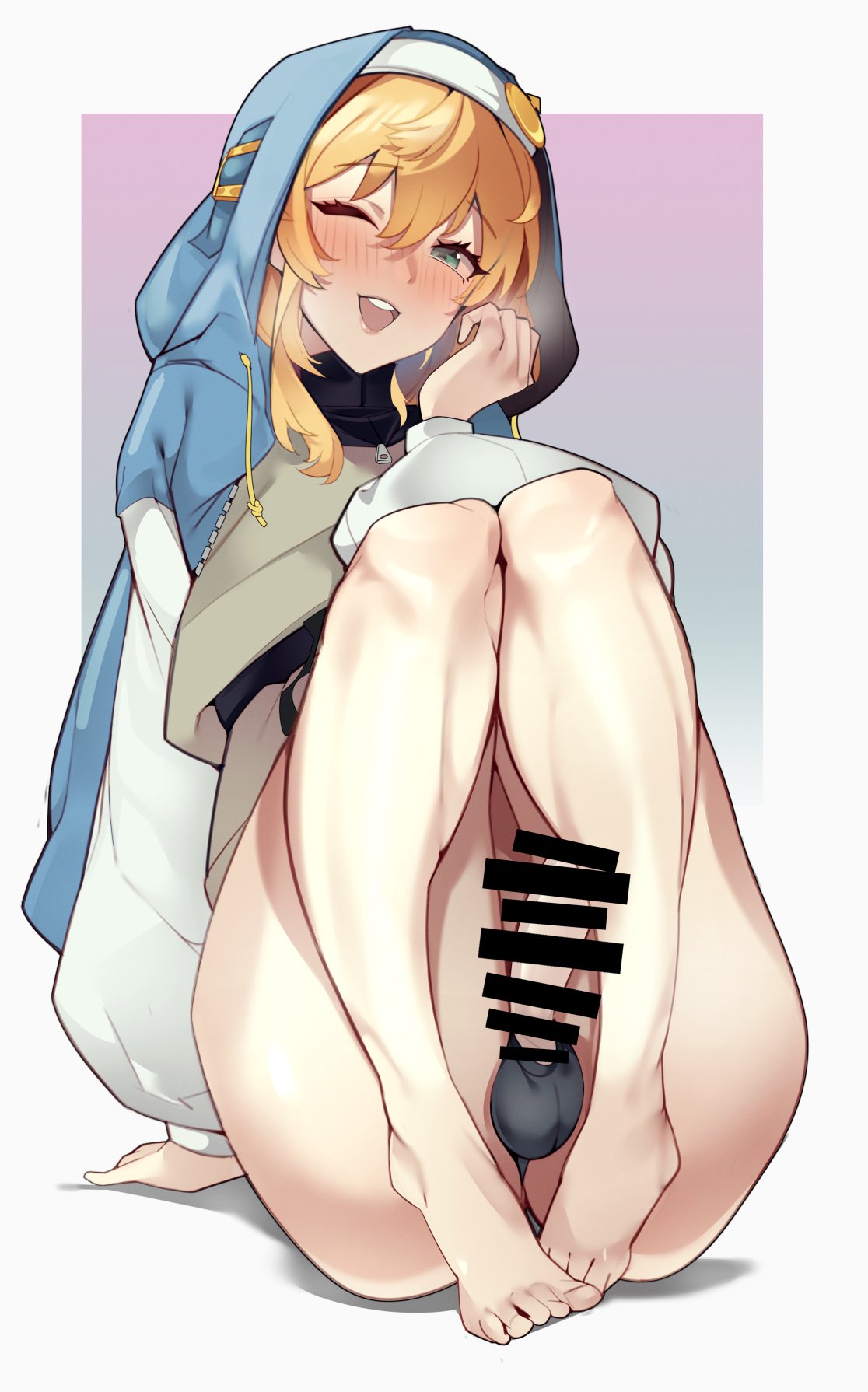 1boy, androgynous, balls, barefoot, blonde hair, blue eyes, blush, bridget, censor bar, censored, erection, eye contact, femboy, feminine male, guilty gear, guilty gear strive, looking at viewer, male, male only, oregano, penis, thighs, visible breath