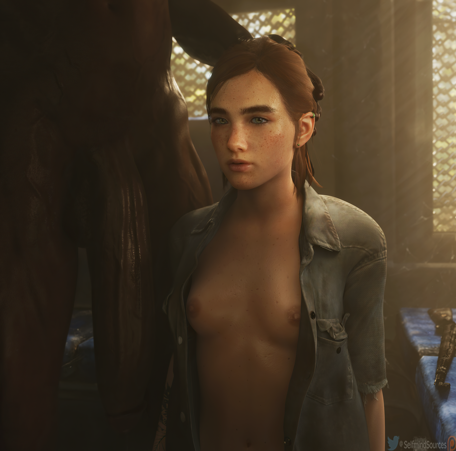 1boy, 1girls, 3d, accessory, areolae, big penis, blender, breasts, brown hair, choker, cute, dark skin, dark-skinned male, ear piercing, earring, earrings, ellie (the last of us), ellie williams, eyebrows, eyeliner, female, flaccid, flaccid penis, freckles, genitals, giant penis, green eyes, happy, holding, holding head, huge cock, indoors, inside, interracial, light skin, light-skinned female, lips, long penis, looking at viewer, male, muscular, muscular male, naughty dog, nipples, nude, penis, piercing, selfmindsources, short hair, smile, straight, the last of us, the last of us 2, vein, veins, veiny penis