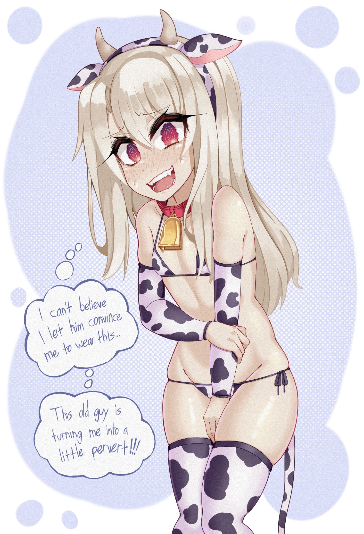 1girls, armwear, blonde hair, blush, breasts, cow bikini, cow ears, cow horns, cow print, cowbell, embarrassed, english text, eyebrows visible through hair, fate (series), fate/kaleid liner prisma illya, female, female only, illyasviel von einzbern, legwear, light skin, light-skinned female, red eyes, small breasts, text, thought bubble, young savage