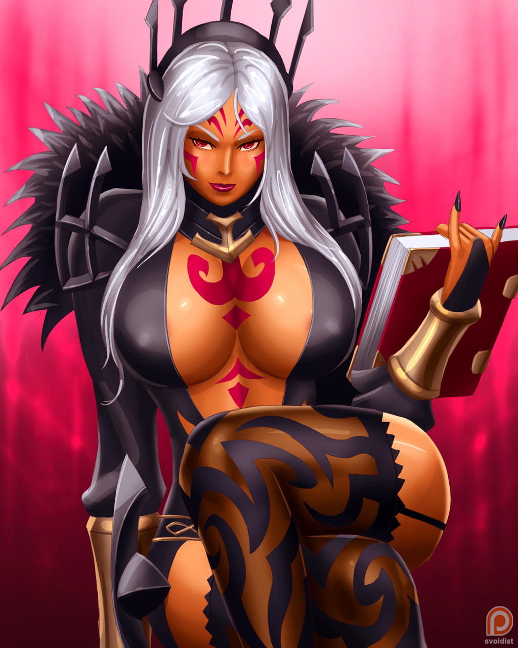 1girls areola_slip aversa_(fire_emblem) bangs bare_thighs black_socks book breasts center_opening cleavage crossed_legs crown dark-skinned_female dark_skin facial_mark feathers female female_only fingernails fire_emblem fire_emblem_awakening garter_straps highres holding jewelry large_breasts long_fingernails long_hair nail_polish nintendo red_eyes simple_background socks solo svoidist tattoo thick_thighs thigh_socks thighhighs white_hair