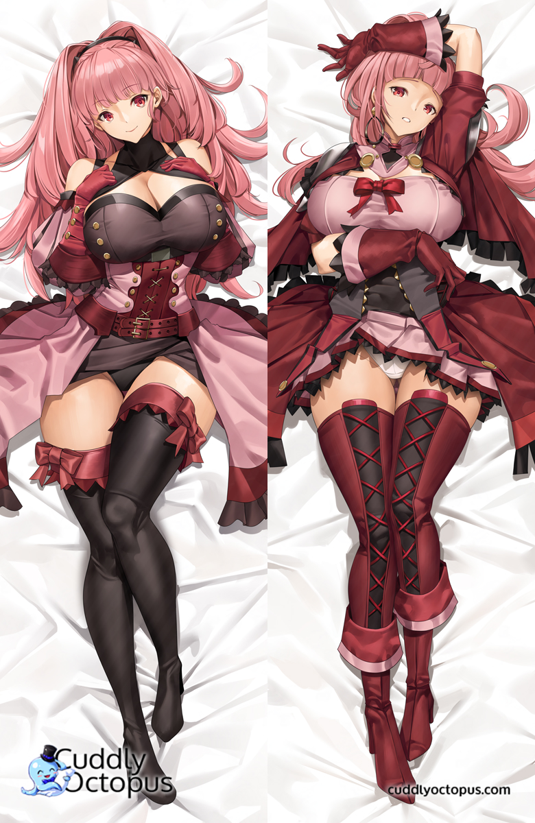 1girls alternate_costume alternate_hairstyle areolae arm_above_head arm_over_head arm_under_breasts arm_up ass_visible_through_thighs bangs bare_shoulders bare_thighs bed_sheet belt big_breasts black_panties blunt_bangs blush boots bow breasts cleavage clenched_teeth closed_mouth collarbone cuddly_octopus dakimakura dakimakura_(medium) dakimakura_design detached_sleeves earrings female female_only fire_emblem fire_emblem:_three_houses fire_emblem_warriors:_three_hopes gloves hand_on_own_chest hands_on_breasts high_heels highres hilda_valentine_goneril huge_breasts intelligent_systems jewelry long_hair looking_at_viewer nintendo nipples official_alternate_costume official_alternate_hairstyle on_back on_bed panties pantyshot pink_hair ponytail raised_eyebrows red_bow red_eyes red_thighhighs short_sleeves shoulders skirt_lift smile solo thick_thighs thigh_boots thighhigh_bow thighs tony_guisado underwear upskirt very_long_hair white_panties