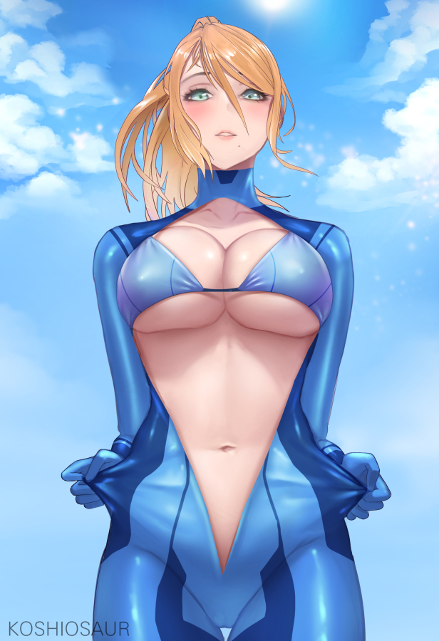 1girls bikini_top blonde_hair blue_bikini_top blue_bodysuit blue_eyes bodysuit breasts clouds koshiosaur large_breasts looking_at_viewer metroid midriff mole_under_mouth navel nintendo open_bodysuit outside ponytail samus_aran sky underboob zero_suit zero_suit_samus