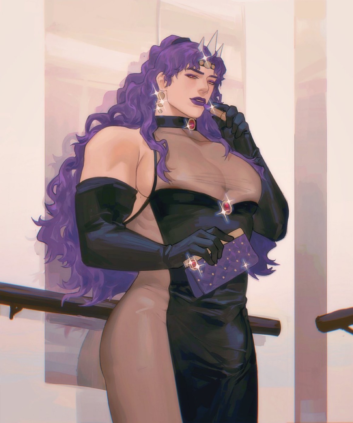 battle tendency, choker, crossdressing, dress, elevator, gay, gloves, headband, jewelry, jojo's bizarre adventure, kars, lipstick, lkikai, long sleeves, looking at viewer, male, muscular, muscular male, no panties, pecs, penis, penis bulge, purple hair, red eyes, ruby (gem), see-through, see-through clothing, sparkles, standing, tagme
