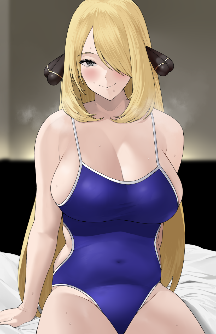 1girls 2022 alternate_breast_size alternate_costume alternate_version_available bed bed_sheet blonde_hair blue_swimsuit blush breasts breath closed_mouth clothed clothed_female covered_navel cynthia_(pokemon) female female_focus female_only grey_eyes hair_ornament hair_over_one_eye highres large_breasts long_hair looking_at_viewer navel nintendo on_bed one-piece_swimsuit pokemon pokemon_dppt rinrin_(user_tvcf4347) school_swimsuit sitting sitting_on_bed skindentation smile solo solo_female sweat sweating swimsuit thighs undersized_clothes waist_cutout