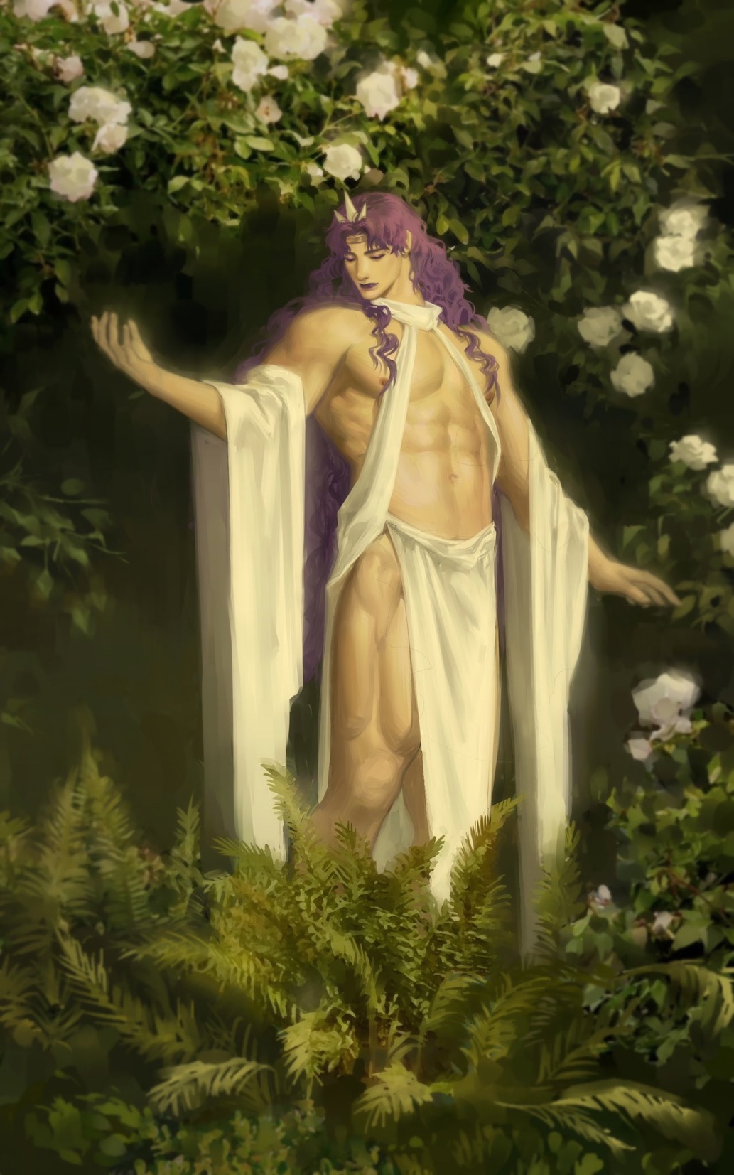 1boy absurd_res ambush_(trap) bara bara_tiddies bara_tits battle_tendency detailed_background eyes_closed horn jojo's_bizarre_adventure kars lipstick lkikai long_hair makeup male male_focus male_only muscles muscular muscular_male muscular_thighs nature painting_(artwork) partially_clothed purple_hair solo solo_focus solo_male wavy_hair