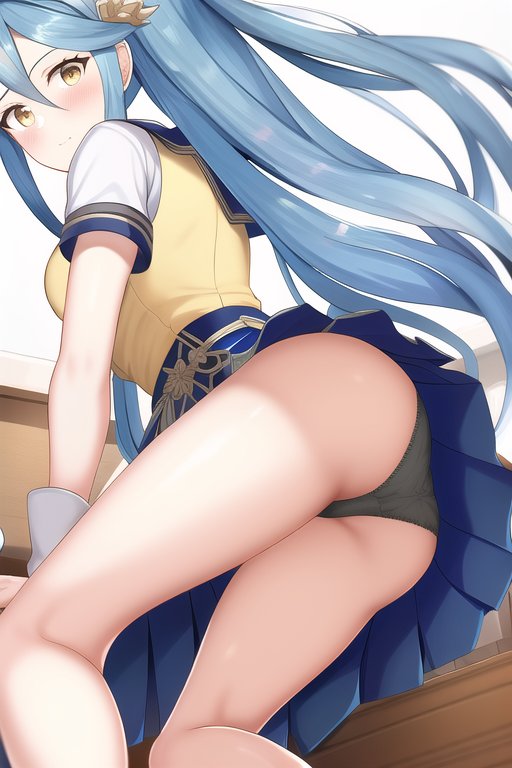 1girls, ai azura art, ai generated, alternate hairstyle, ass, azura (fire emblem), bare legs, big ass, black panties, blue hair, female, female only, fire emblem, fire emblem fates, from below, hair between eyes, legs, long hair, looking back, nai diffusion, nintendo, panties, pantyshot, pantyshot (standing), school uniform, solo, stable diffusion, underwear, upskirt, very long hair, yellow eyes