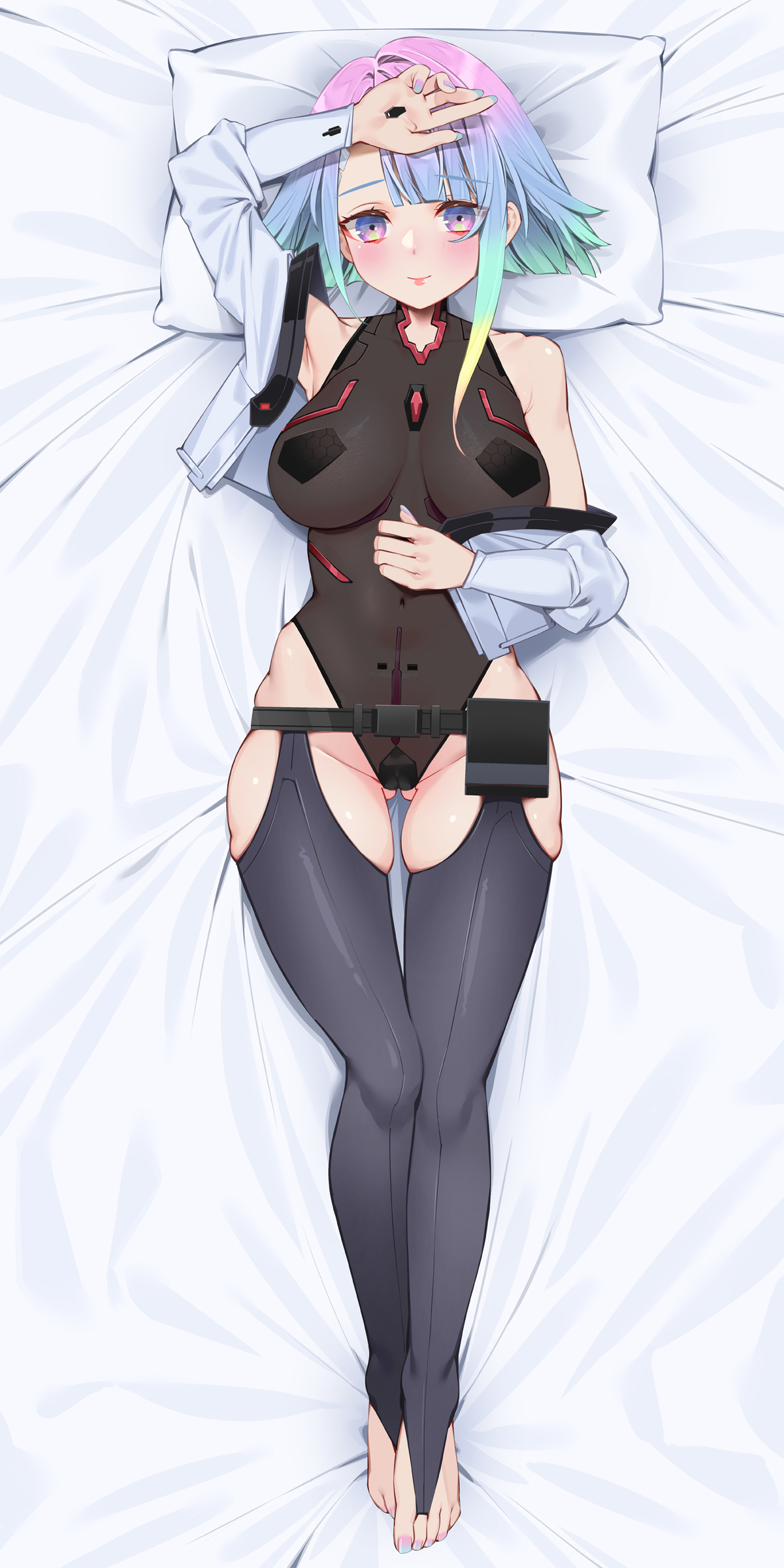 1girls, 2d, bare shoulders, big breasts, blush, breasts, cameltoe, cd projekt red, clothed, cyberpunk 2077, cyberpunk: edgerunners, dakimakura design, embarrassed, female, female only, gradient hair, hand on forehead, highres, legwear, light skin, light-skinned female, looking at viewer, lucyna kushinada, lying, multicolored hair, nail polish, nails, navel, navel visible through clothes, no artist signature, on back, on bed, pale skin, pale-skinned female, purple eyes, pussy, short hair, smile, solo, stirrup legwear, studio trigger, thick thighs, thighs, toenail polish, waist, waterring