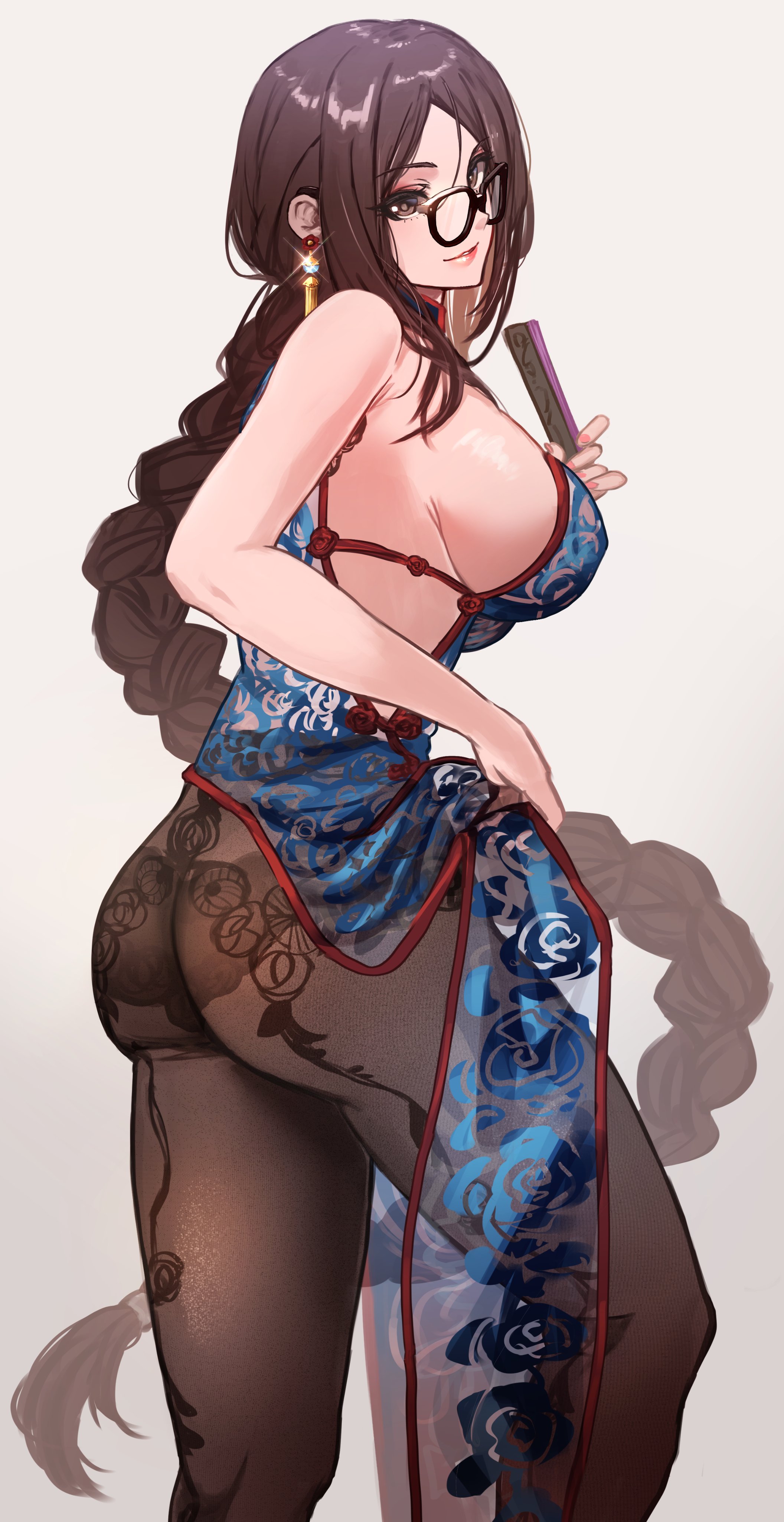aguno, ass, big ass, braid, braided hair, braided ponytail, breasts, brown eyes, brown hair, china dress, earrings, fate (series), fate/grand order, female, folding fan, glasses, large breasts, lipstick, looking at viewer, looking back, pantyhose, ponytail, sideboob, skin tight, smile, very long hair, yu mei-ren (fate)
