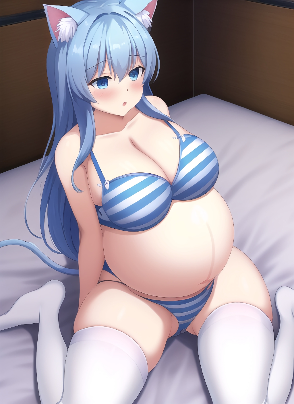 ai generated, big breasts, blue eyes, blue hair, blush, bra, breasts, cat ears, cat girl, cat tail, catgirl, cleavage, female, female only, high-angle view, linea nigra, long hair, nai diffusion, original, panties, pregnant, shimapan, sitting, solo, stable diffusion, striped, striped panties, stripes, thick thighs, thighhighs, wariza, white legwear, white thighhighs