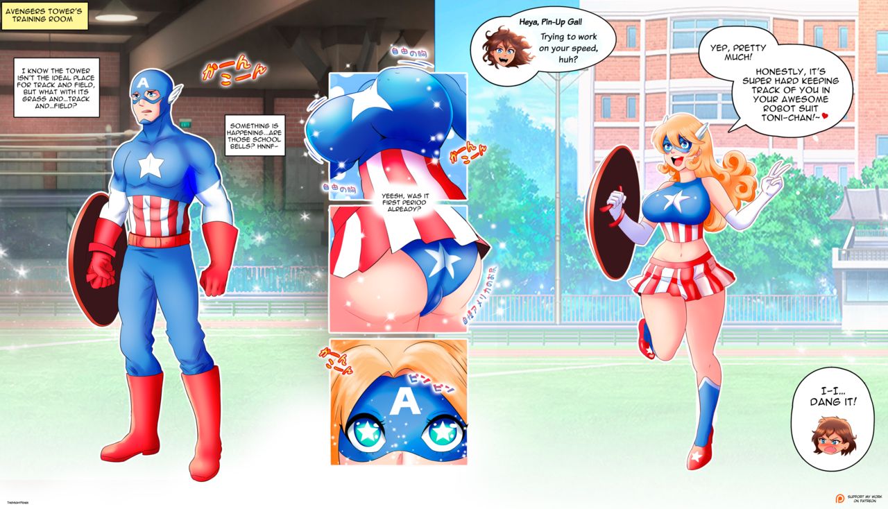 ass, ass expansion, blonde hair, blue eyes, breast expansion, breast growth, breast growth (enlargement), breasts, captain america, female, gender transformation, hi res, identity death, iron man, large ass, large breasts, long hair, marvel, marvel comics, mask, mtf transformation, navel, panties, rule 63, schoolgirl, sequence, shield, star-shaped pupils, steve rogers, superhero, superhero costume, superheroine, symbol-shaped pupils, text, themightfenek, thick thighs, tony stark, transformation, transformation sequence, v, wide hips