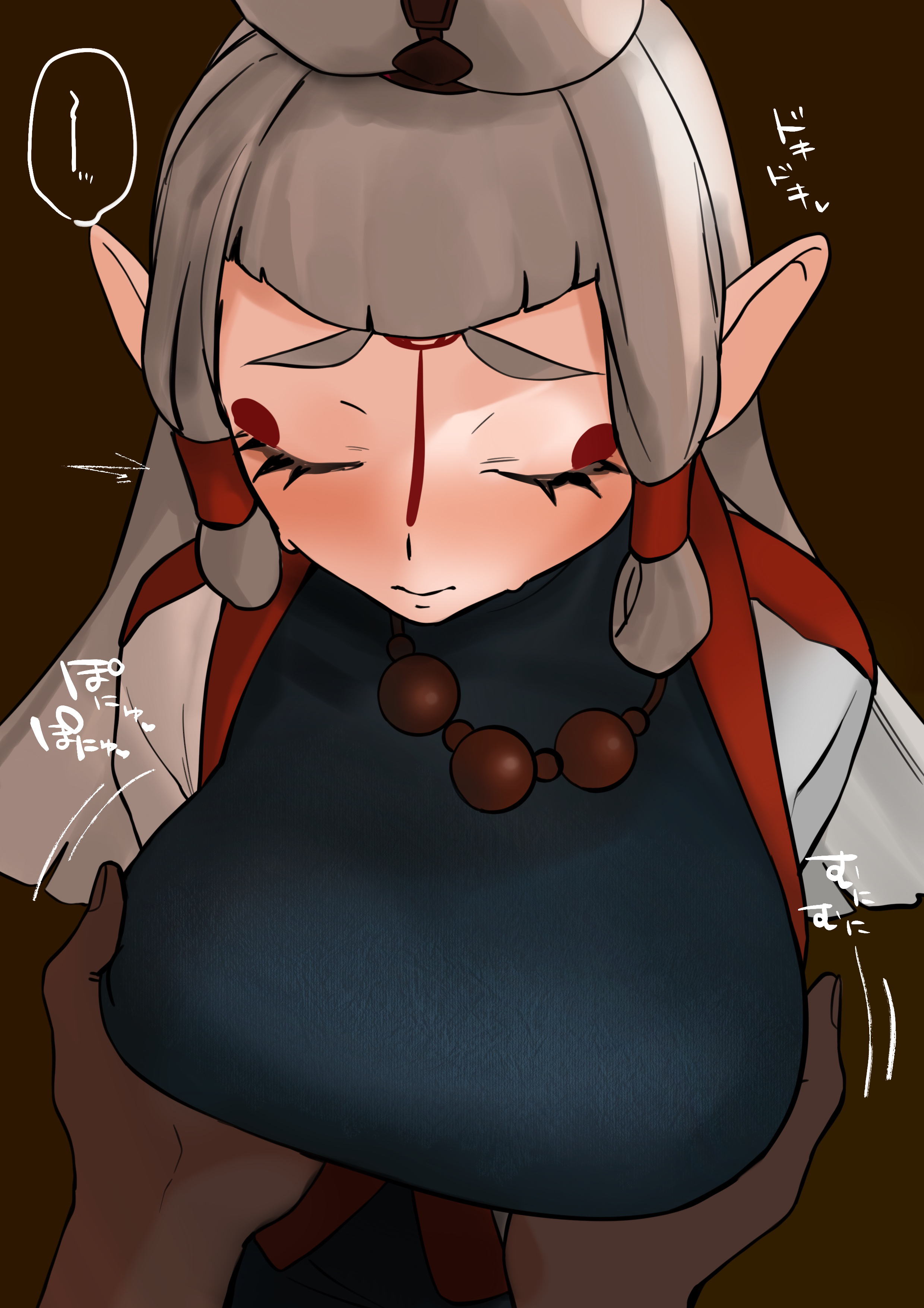 big breasts, breast fondling, breast grab, breast squeeze, breasts, breath of the wild, clothed, dark skin, dark-skinned male, disembodied hand, female, human, interracial, large breasts, male, paya (the legend of zelda), pointy ears, sheikah, the legend of zelda, white hair