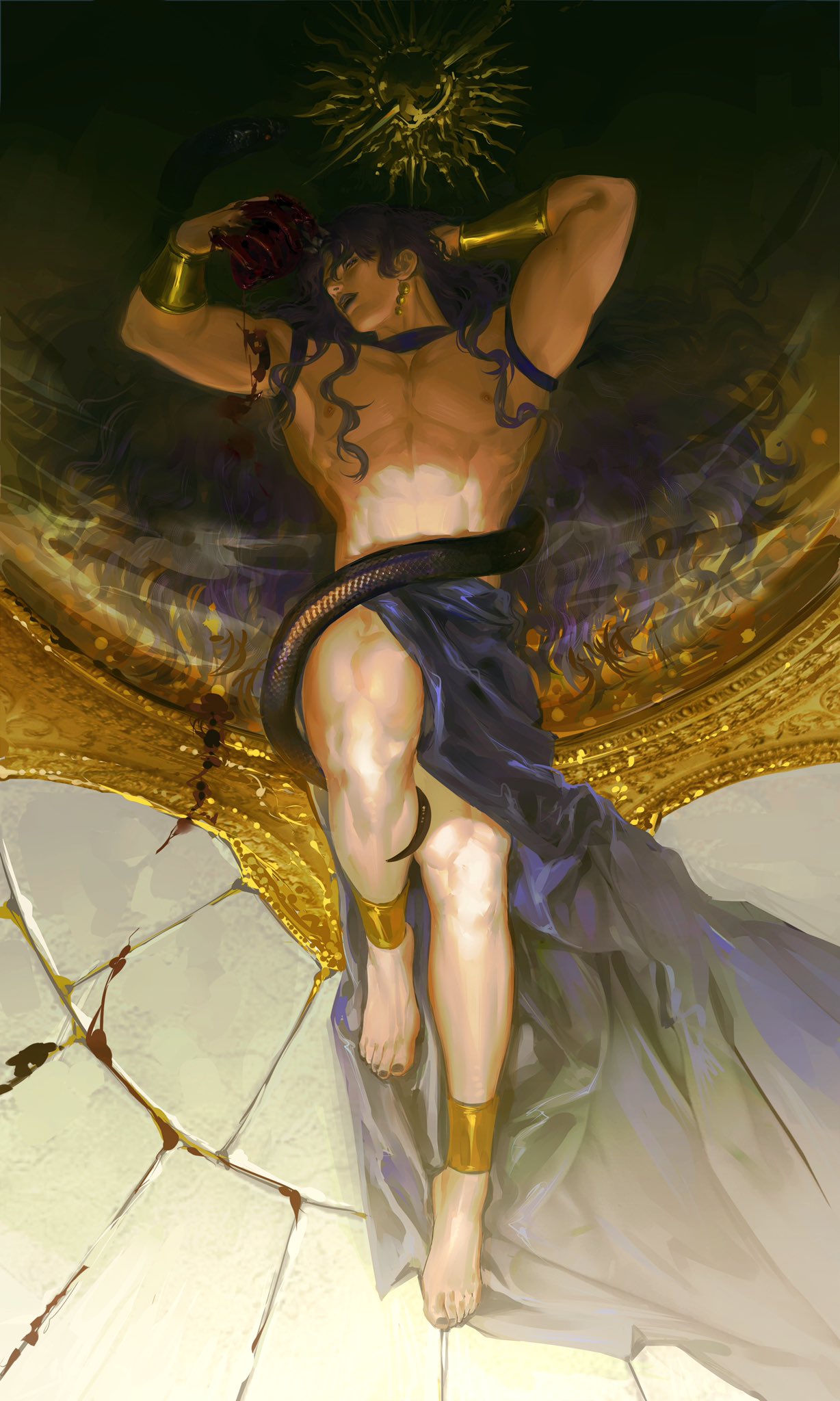 1boy abs absurd_res arm_band bara bara_tiddies bara_tits battle_tendency blood blood_drip blood_on_hand detailed_background jojo's_bizarre_adventure kars lkikai long_hair male male_focus male_nipples male_only muscles muscular muscular_male muscular_thighs painting_(artwork) partially_clothed pecs pectorals purple_hair red_eyes snake solo solo_focus solo_male wavy_hair