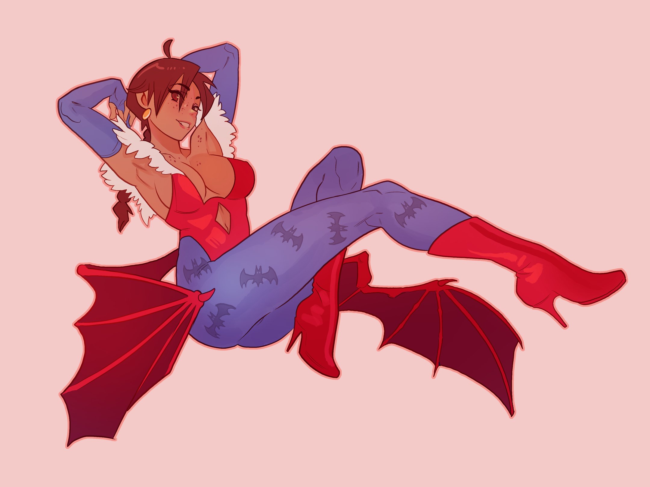 1girls, ahoge, arms behind head, aubrey (sea legs), bat print, blue pantyhose, braid, breasts, brown eyes, brown hair, capcom, clothing, cosplay, darkstalkers, demon wings, female, female only, freckles, fuck me boots, gauntlets, heel boots, hi res, high heel boots, high heels, leotard, lilith aensland (cosplay), long hair, looking at viewer, ndasfw, on side, pantyhose, sea legs, small breasts, smiling, smiling at viewer, solo, wings