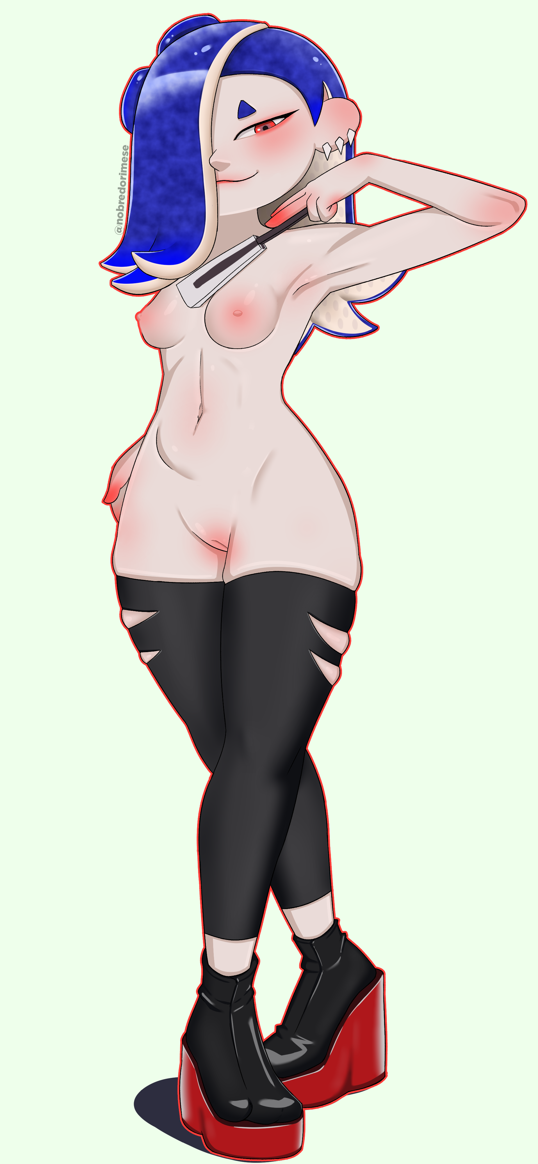 blue hair, female, nintendo, red eyes, shiver (splatoon), smile, splatoon, splatoon 3