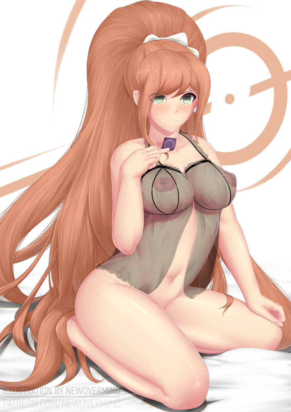 breasts completely_nude completely_nude_female condom danganronpa danganronpa_3 female_only large_breasts long_hair long_ponytail newovermind nightgown nipples nude orange_hair ponytail see-through see-through_clothing straight_hair yukizome_chisa