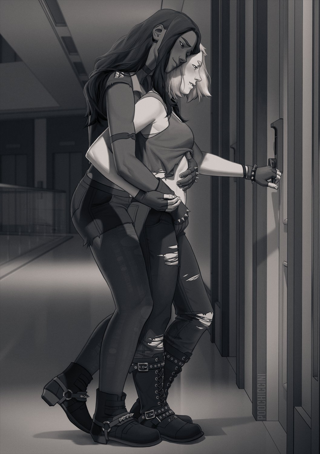 2girls, apartment, boots, booty shorts, dark skin, dark-skinned female, female, fingerless gloves, greyscale, hand on crotch, humanized, imminent sex, interracial, lesbian, marina (splatoon), passionate, pearl (splatoon), poochiccini, ripped clothing, ripped pants, size difference, splatoon, splatoon 2, tank top, wholesome, yuri