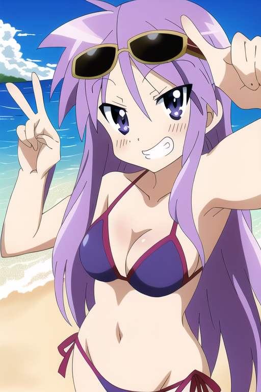 aged_up ai_generated beach big_breasts bikini bikini_bottom bikini_top blue_eyes blush blush_lines clenched_teeth collarbone eye_contact eyewear female female_only glasses_on_head hi_res kagami_hiiragi looking_at_viewer lucky_star medium_breasts nai_diffusion pattern_clothing pattern_topwear pattern_underwear peace_sign purple_bikini purple_hair red_bikini selfie smile smiling smiling_at_viewer solo solo_female solo_focus stable_diffusion straight_hair sunglasses tagme teenager thick_thighs v_sign