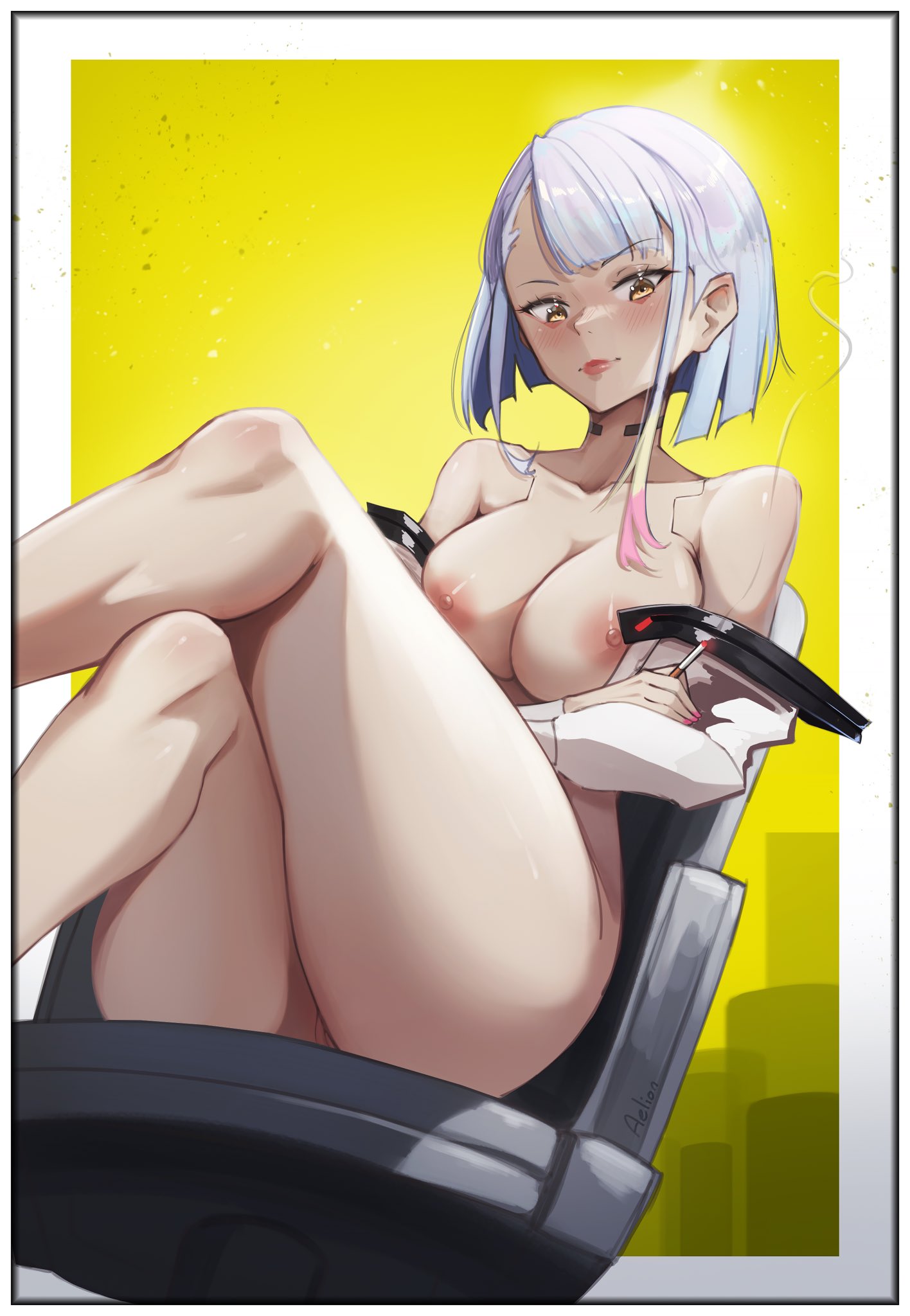 1girls, aelion draws, asian, asian female, ass, big ass, big breasts, breasts, cd projekt red, cigarette, cyberpunk 2077, cyberpunk: edgerunners, female, female only, light skin, light-skinned female, looking down, lucyna kushinada, netflix, nude, smoking, studio trigger, thick thighs