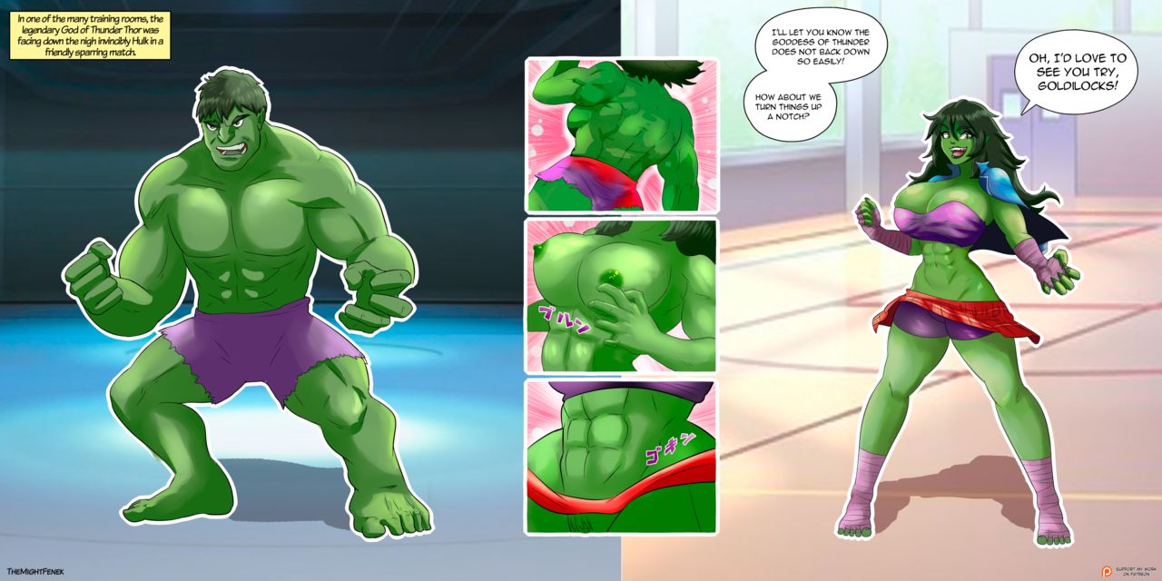 1boy 1girls ass_expansion breast_expansion breasts cleavage gender_transformation green-skinned_female green-skinned_male green_eyes green_hair green_skin hair_growth hi_res hulk hulk_(series) identity_death large_ass large_breasts long_hair marvel marvel_comics monster_girl mtf_transformation muscular_female navel rule_63 schoolgirl sequence superhero superhero_costume superheroine text themightfenek thick_thighs transformation wide_hips