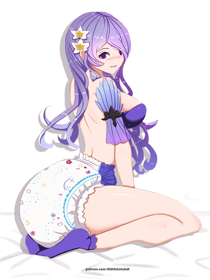 1girls, ankle socks, anklehighs, ass, back, bra, breasts, camilla (fire emblem), diaper, female, fire emblem, fire emblem fates, flower in hair, hair over one eye, kneeling, large breasts, lilith-fetish, long hair, looking at viewer, looking back, nintendo, purple bra, purple eyes, purple hair, purple socks, socks
