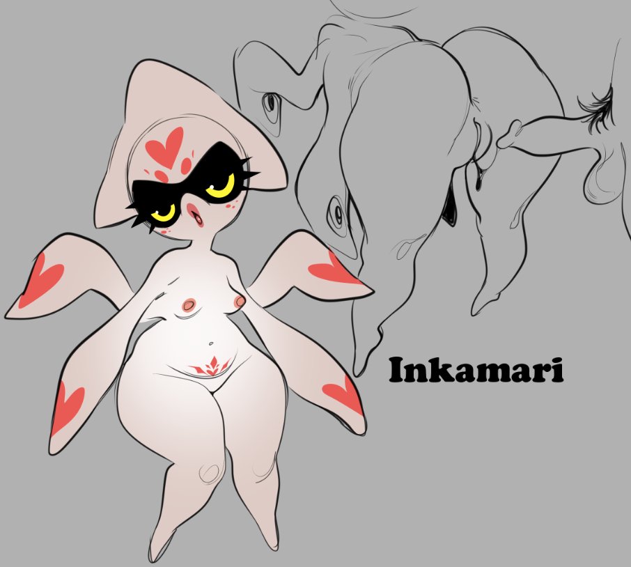 1boy, 1girls, 4 arms, anthro, anus peek, bent over, blooper, breasts, cephalopod, character name, female, glacierclear, grey background, imminent vaginal, inkamari (glacierclear), looking at viewer, lowres, male, mario (series), multi arm, multi limb, multiple views, narrowed eyes, nintendo, nipples, nude, nude female, original, penis, pubic tattoo, pussy, simple background, small breasts, thick thighs, yellow eyes