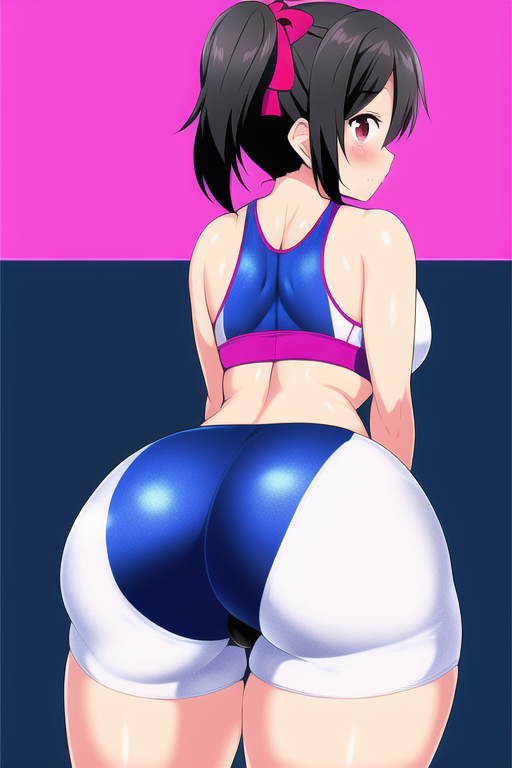 1girls ai_generated ass ass_focus back_view big_ass big_butt bike_shorts black_hair blush female_only love_live! love_live!_school_idol_project nai_diffusion shiny_clothes shorts simple_background solo stable_diffusion thick_thighs twintails yazawa_nico