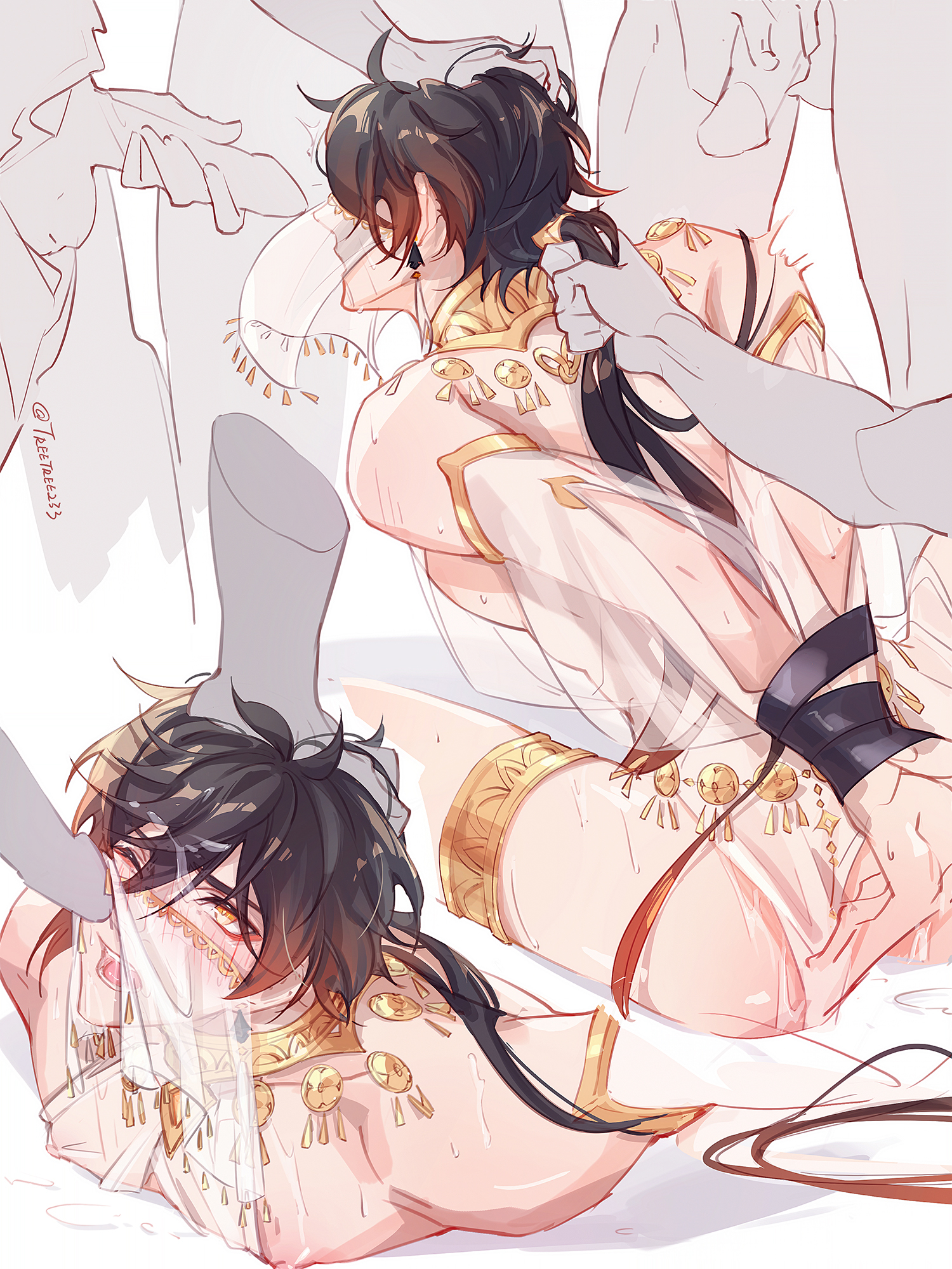 arms behind back, gay, genshin impact, imminent oral, male, male focus, male only, multiple boys, multiple males, multiple penises, orgy, penis, see-through clothing, submissive male, tied up, treetree233, veil, yaoi, zhongli (genshin impact)