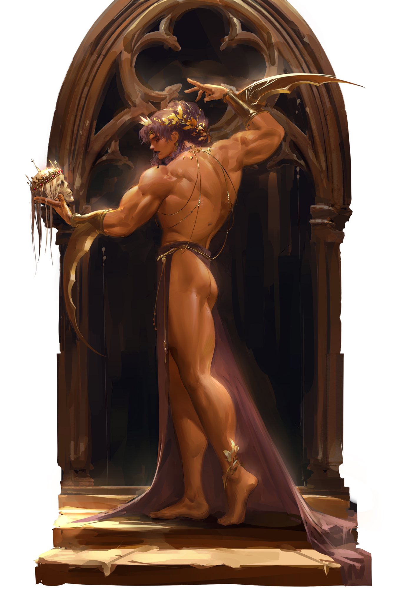 1boy absurd_res bara battle_tendency blades body_jewelry detailed_background full_body hair_ornament jewelry jojo's_bizarre_adventure kars lipstick lkikai long_hair makeup male male_focus male_only muscles muscular muscular_ass muscular_back muscular_male muscular_thighs painting_(artwork) partially_clothed posing purple_hair skull solo solo_focus solo_male wavy_hair