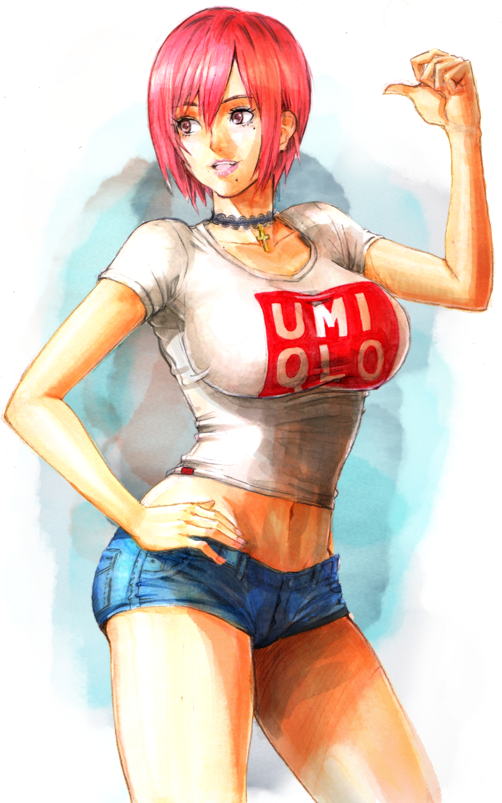 big_breasts chiho_johansson choker crop_top crucifix female female_only fer_yoshimiya fully_clothed gigant hand_on_hip huge_breasts looking_back mole_under_eye mole_under_mouth pink_hair short_hair short_shorts shorts smile solo