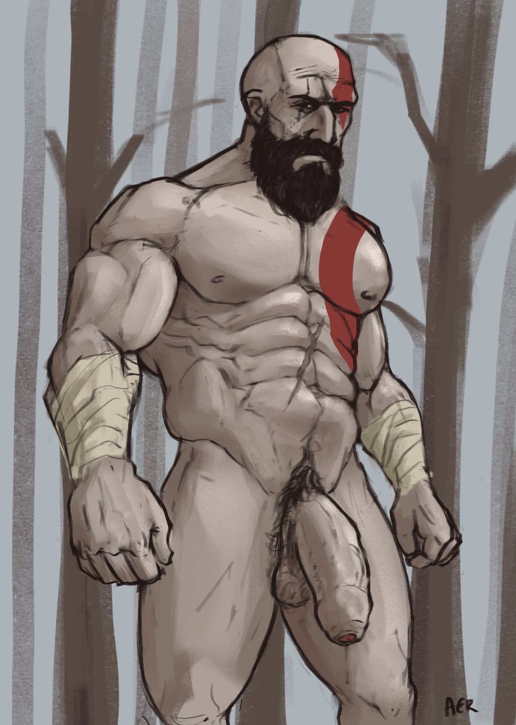 aervyl balls bara beard big_penis body_markings facial_hair gay god_of_war grey_skin kratos male male_only muscles muscular nude penis solo solo_male tattoo