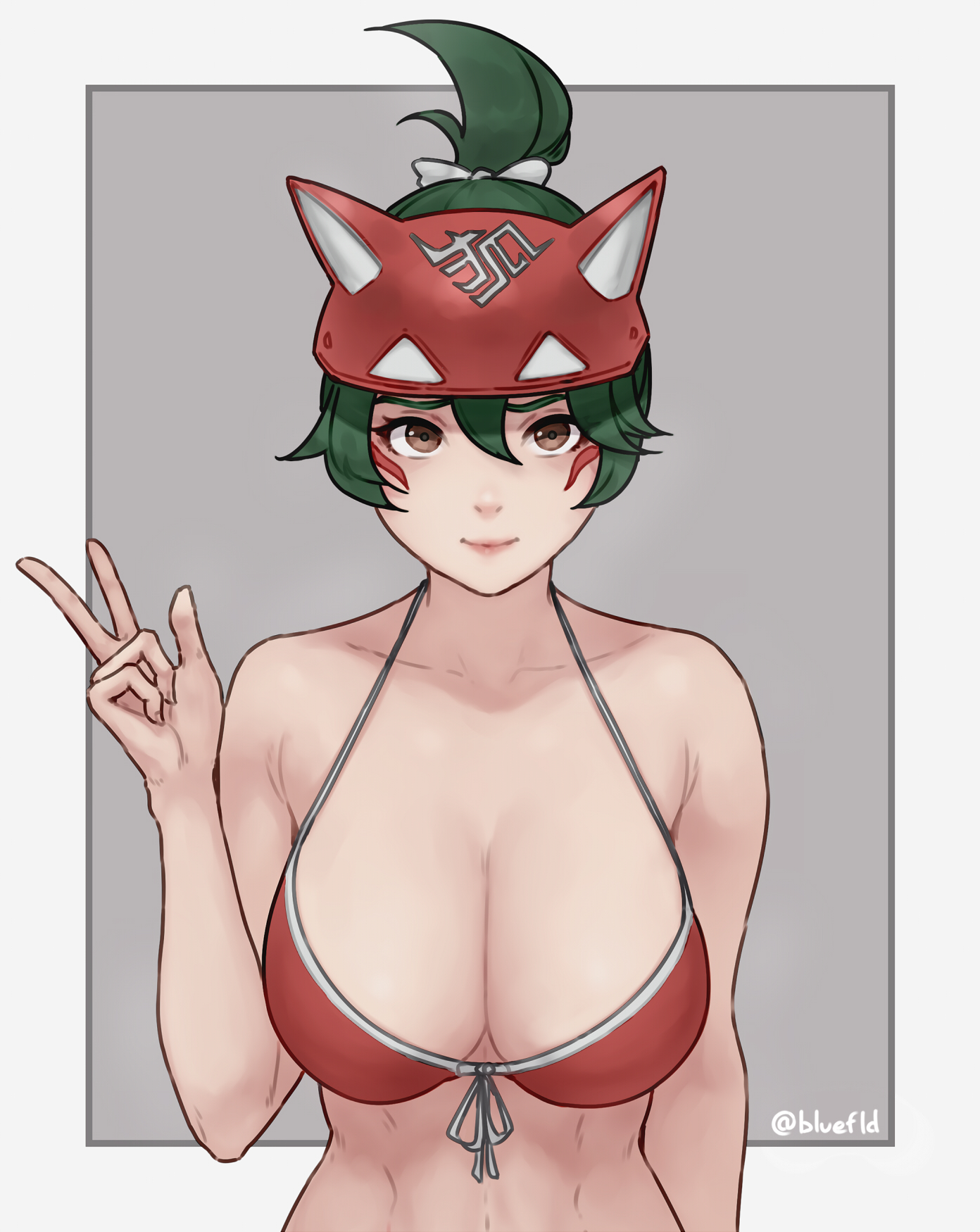 1girls, 2d, bluefield, breasts, cleavage, female, female only, kiriko (overwatch), looking at viewer, overwatch, overwatch 2, solo, v