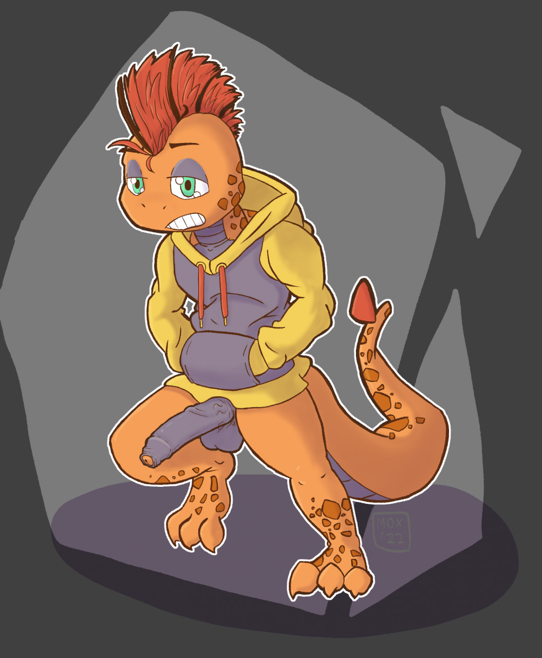 anthro balls big_penis bottomless clothed clothing foreskin generation_5_pokemon genitals hi_res hoodie humanoid_genitalia humanoid_penis male male/male moxsully nintendo penis pokemon pokemon_(species) scrafty solo topwear video_games