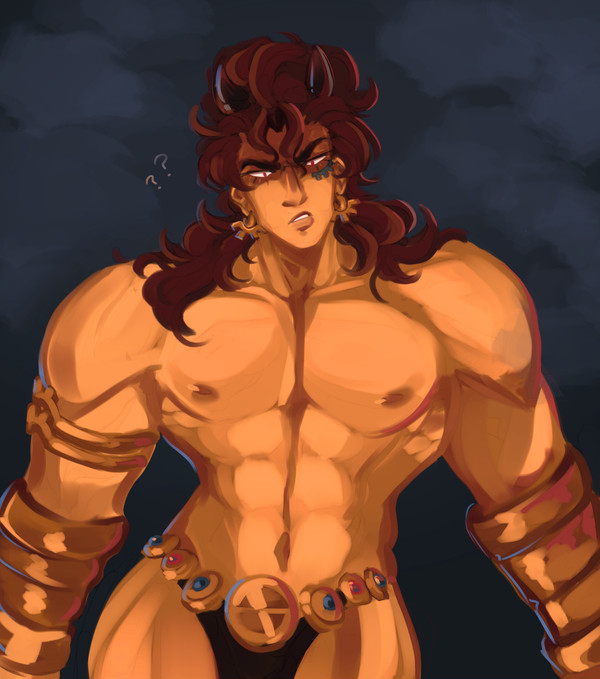 1boy abs angry_face bara bara_tiddies bara_tits battle_tendency horns jojo's_bizarre_adventure long_hair male male_focus male_nipples male_only muscles muscular muscular_male partially_clothed red_hair santana simple_background snootfrak solo solo_focus solo_male