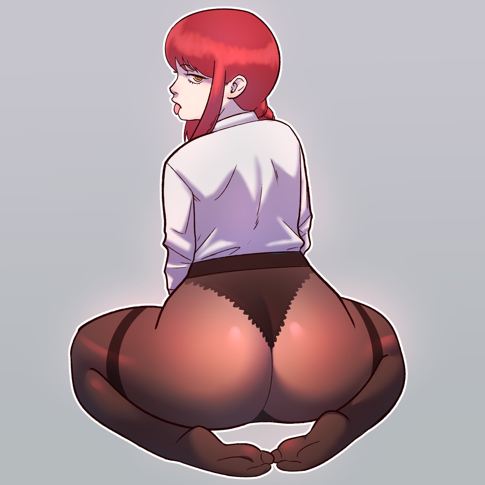 :p, 1girls, ass, ass focus, back, back view, big ass, bottomwear, braid, chainsaw man, feet, female, female only, frog pose, goldeneyensfw, huge ass, large ass, leggings, legwear, looking back, makima (chainsaw man), no pants, panties, red hair, shirt, solo, solo female, thick thighs, thighs, tongue, tongue out, topwear, white shirt, yellow eyes
