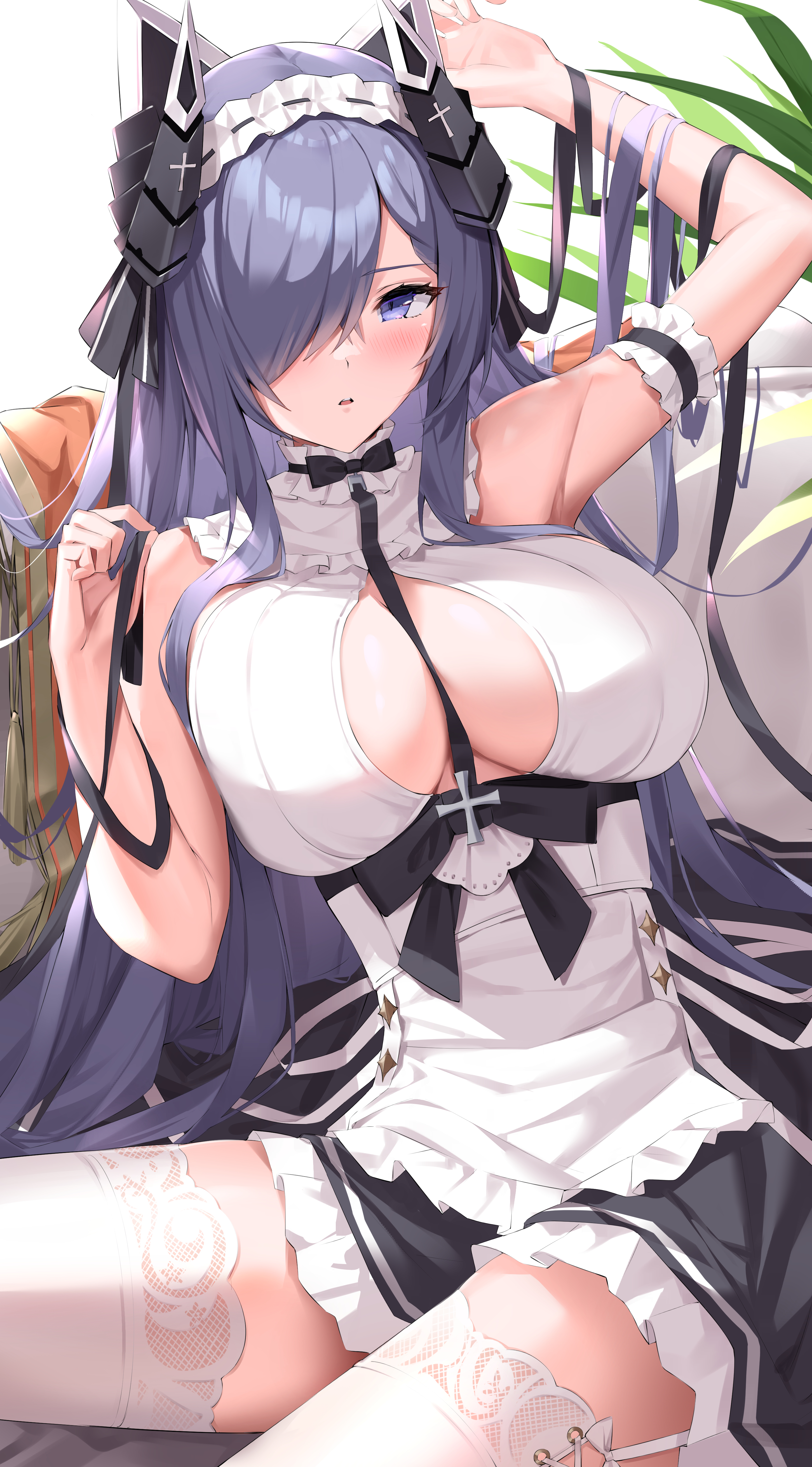 1girls, armband, armpits, armwear, august von parseval (azur lane), august von parseval (the conquered unhulde) (azur lane), azur lane, breasts, cleavage, cleavage cutout, cross, curved horn, female, garter, garter straps, hair ornament, hair over one eye, horn, horns, inner sideboob, iron blood (azur lane), iron cross, light skin, light-skinned female, long hair, maid, maid headdress, maid outfit, maid uniform, purple eyes, purple hair, ribbon, ribbons, short dress, sitting, thighhighs, thighs