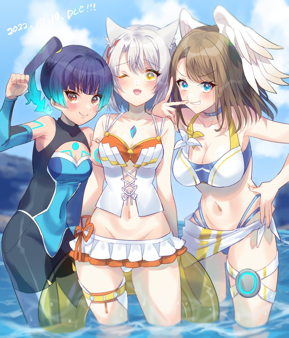 3girls arms_linked beach big_breasts bikini blue_bikini blue_eyes blue_hair blush breast_size_difference breasts brown_eyes brown_hair cat_ears catgirl choker cleavage core_crystal cute day eunie_(xenoblade) female female_only fist_pump friends gold_eyes hand_on_hip highres himono_xeno holding_object innertube knee_deep large_breasts leglet light-skinned_female medium_breasts midriff mio_(xenoblade) mischievous_smile navel nintendo ocean one_eye_closed orange_bikini orange_eyes outdoors png sena_(xenoblade) silver_hair small_breasts smile standing swimsuit teenager the_finger thick_thighs thighs up_yours wading water wet wetsuit wide_hips wings wink xenoblade_(series) xenoblade_chronicles_3 yellow_eyes