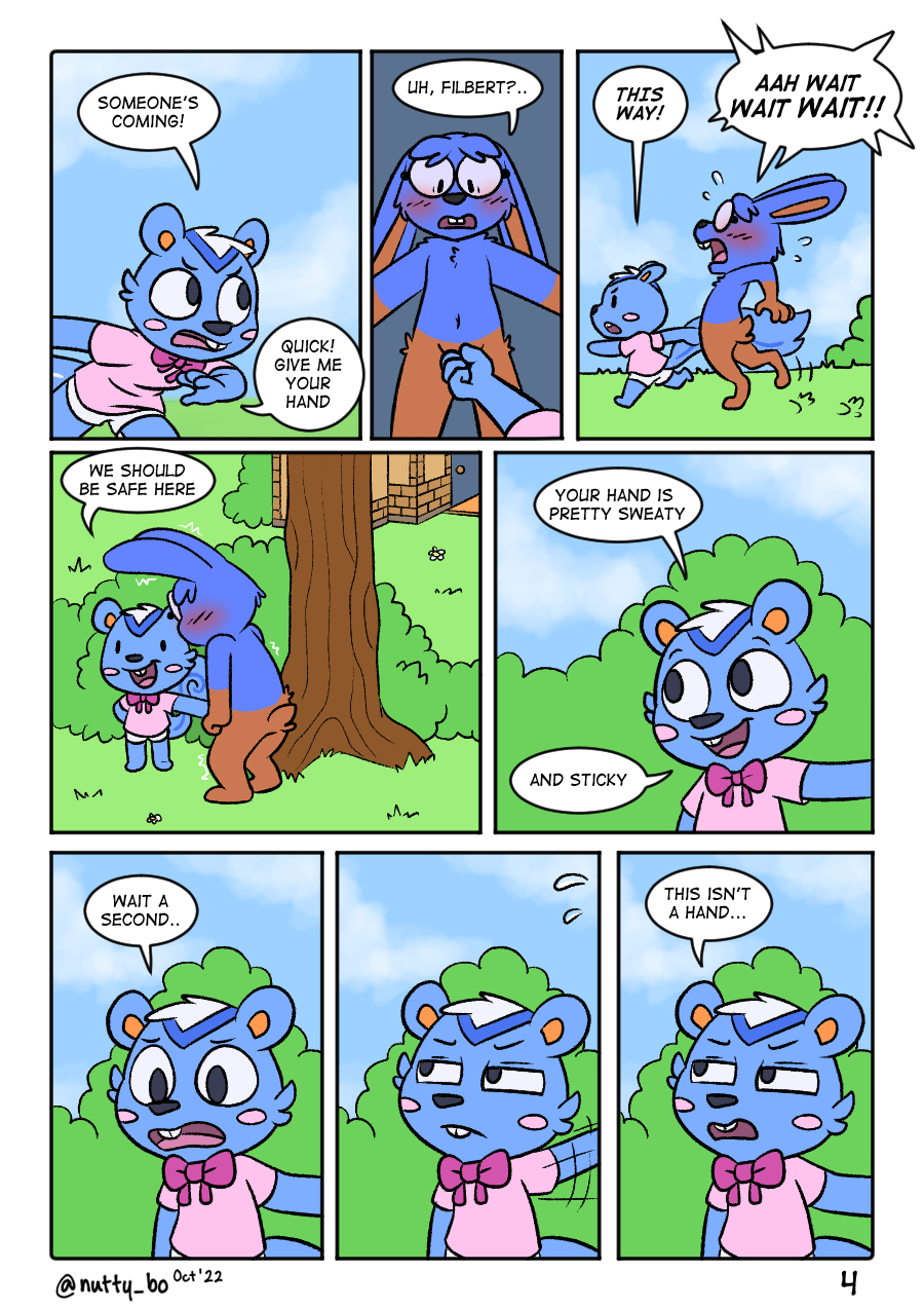 2022 animal_crossing blue_body blue_fur blush clothed clothing comic convenient_censorship dialogue doc_(animal_crossing) duo english_text exposed eyewear filbert_(animal_crossing) fur genitals glasses hair handjob hi_res lagomorph leporid mammal nintendo nude nutty_bo page_4 penile penis penis_grab rabbit rodent sciurid sex text video_games