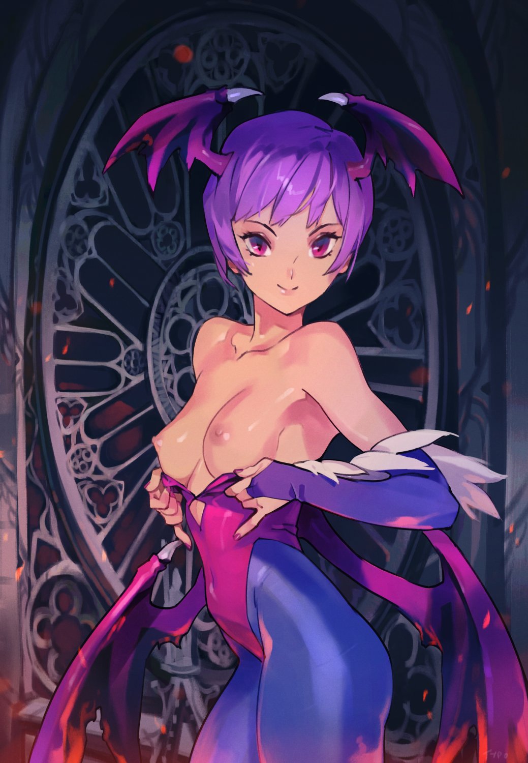1girls, breasts, capcom, clothing, darkstalkers, demon, exposed breasts, female, female focus, female only, lilith aensland, medium breasts, nipples, optionaltypo, pink eyes, pink hair, purple hair, skin tight, small breasts, solo, succubus, succubus costume, topless, very short hair, wings