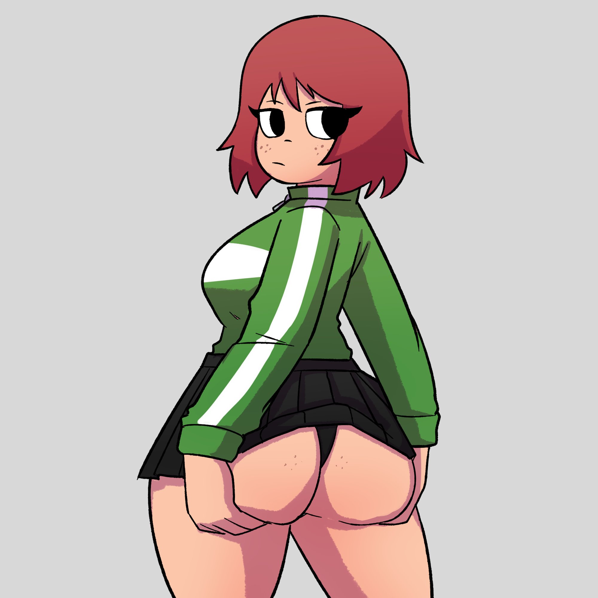 1girls, ass, ass focus, ass hanging out of skirt, ass support, big ass, black eyes, black skirt, bottomwear, breasts, bubble ass, bubble butt, clothing, female, female only, freckles, freckles on ass, freckles on face, goldeneyensfw, hands on ass, huge ass, kim pine, looking at viewer, looking back, red hair, scott pilgrim, skirt, solo, solo female, thighs, thong, topwear, upskirt
