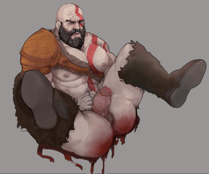 balls bara beard bighaozi body_markings boner erection facial_hair gay god_of_war grey_skin kratos male male_only muscles muscular penis solo solo_male spread_legs tattoo