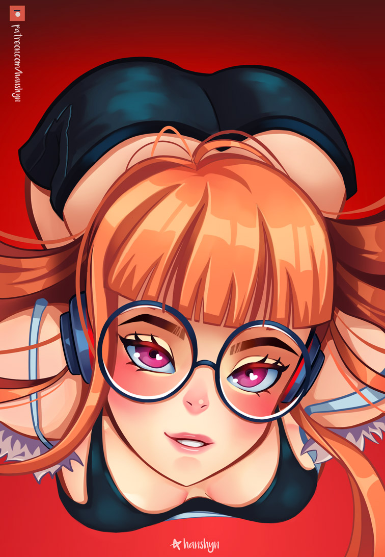 1girls ass big_ass blush breasts glasses hanshyn headphones long_hair orange_hair persona persona_5 pink_eyes sakura_futaba