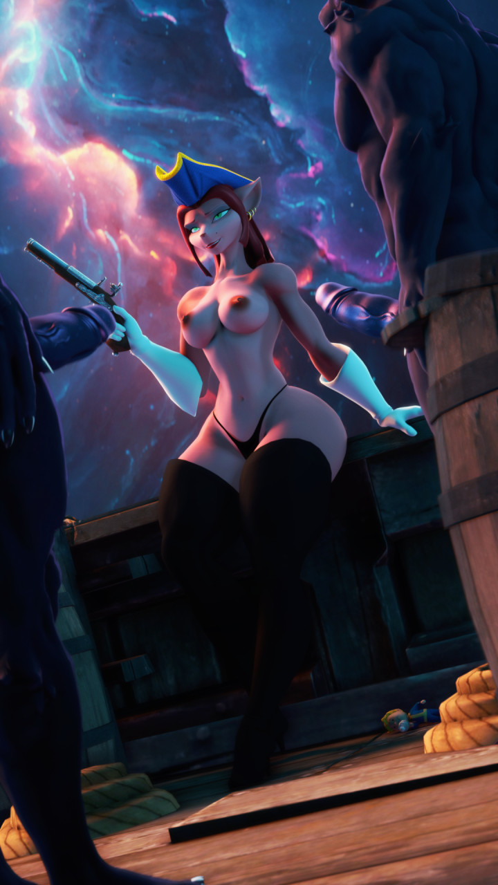 3d_(artwork) 9:16 anthro areola boots breasts captain_amelia clothed clothing digital_media_(artwork) disney felid feline female footwear genitals group gun hi_res humanoid legwear male male/female mammal medium_breasts nipples penis ranged_weapon space thigh_boots thigh_highs topless treasure_planet trio weapon