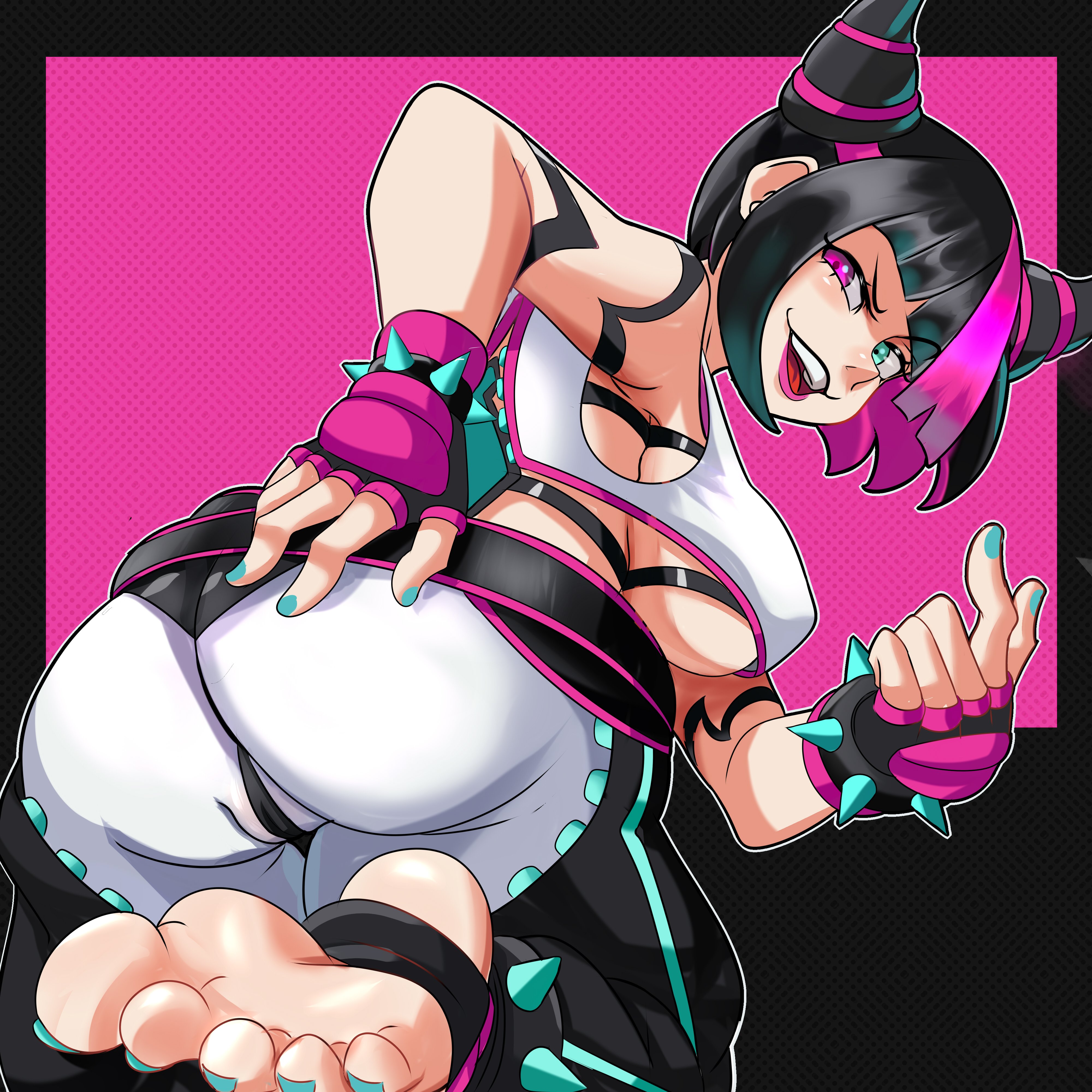 1girls, 2022, anklet, ass, big breasts, black hair, breasts, capcom, cleavage, feet, female, female only, juri han, k1zd3, light skin, light-skinned female, multicolored hair, nail polish, painted nails, painted toenails, pink eyes, pink hair, rear view, sideboob, soles, spiked anklet, street fighter, street fighter 6, underboob